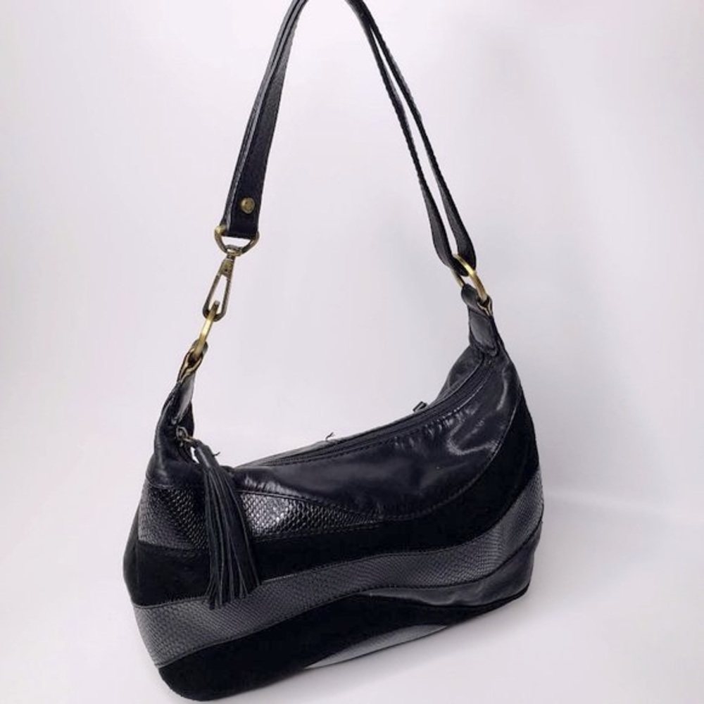 Sereta Black Leather and Suede‎ Mix Shoulder Purse